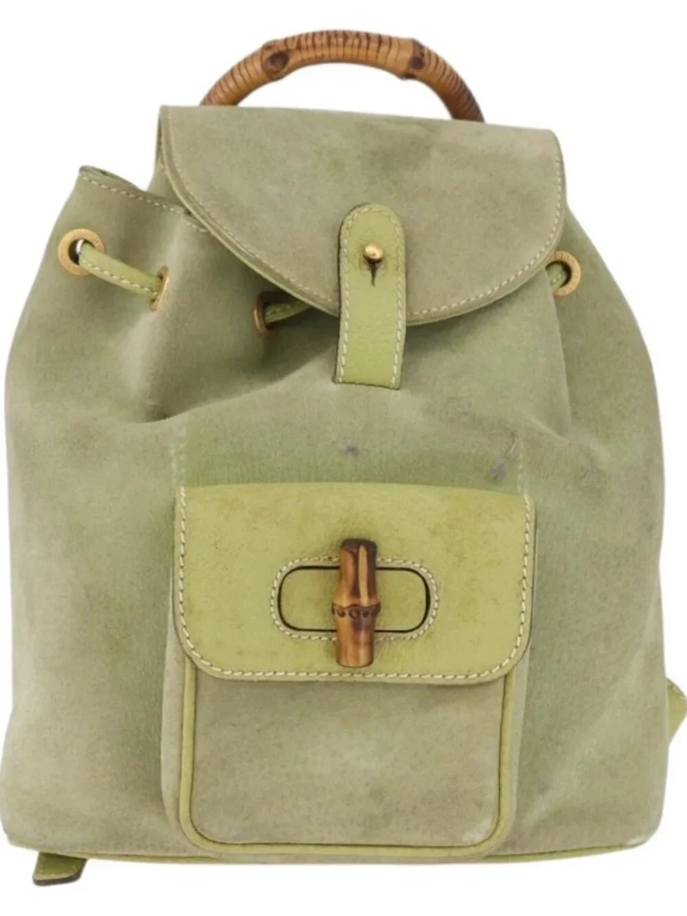 GUCCI Bamboo Backpack Suede Green Gold 003 2058 0030 Auth AMZ374